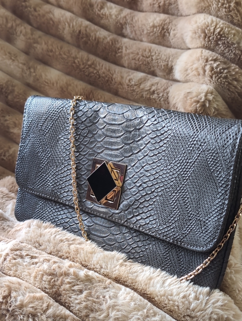 Urban Expression Slate Gray Faux Leather -Snake Chain Shoulder Bag -  Clutch